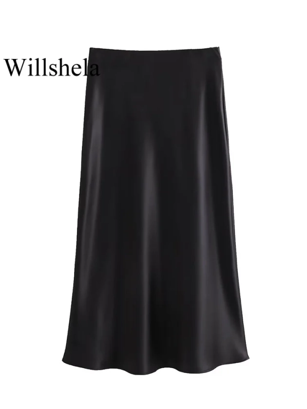 Willshela-Jupe Midi Plissée en Satin pour Femme, Couleur Unie, Vintage, Taille artificiel astique, Chic - AliExpress 200000345