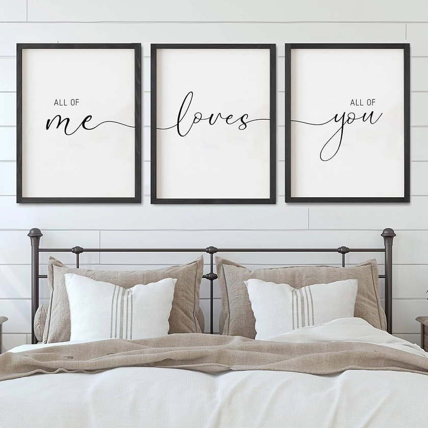Set of 3 Framed Farmhouse All of Me Loves All of You Sign 11x14” Above Bed Wall Decor for Bedroom Decor Wall Art Wood Signs (11x14", Black)