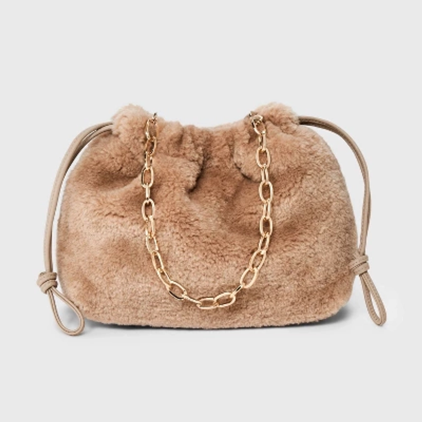 Faux Shearling Drawstring Clutch Top Handle Bag - Universal Thread™ Light Brown