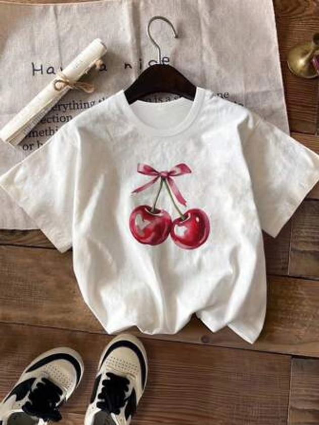 Girls' Cute Cherry Printed Casual Comfortable Top With Bowknot Summer Round Neck Short Sleeve T-Shirt