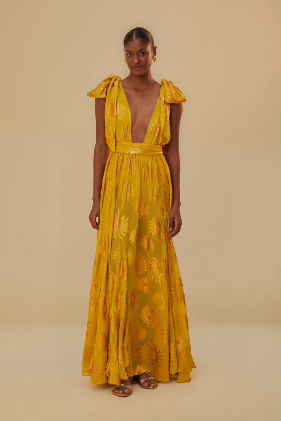 Yellow Gold Sun Jacquard Maxi Dress