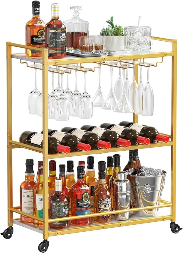 Lifewit Drink Trolley, 3 Tier Bar Cart with Lockable Wheels, Wine Rack and Glass Holders, Serving Cocktail Alcohol Trolley for Kitchen Dining Living Room, 63.2 x 30 x 81.5 cm, Gold : Amazon.co.uk: Home & Kitchen
