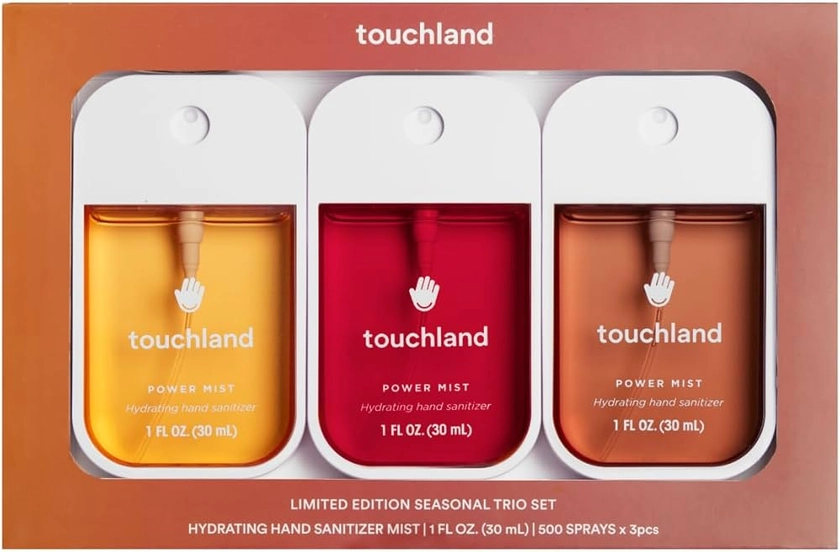 Touchland Hydrating Hand Sanitizer Spray, Limited Edition SEASONAL 3-PACK (Caramel, Pumpkin, Peppermint), Hydrating Mist, 1FL OZ Travel Size