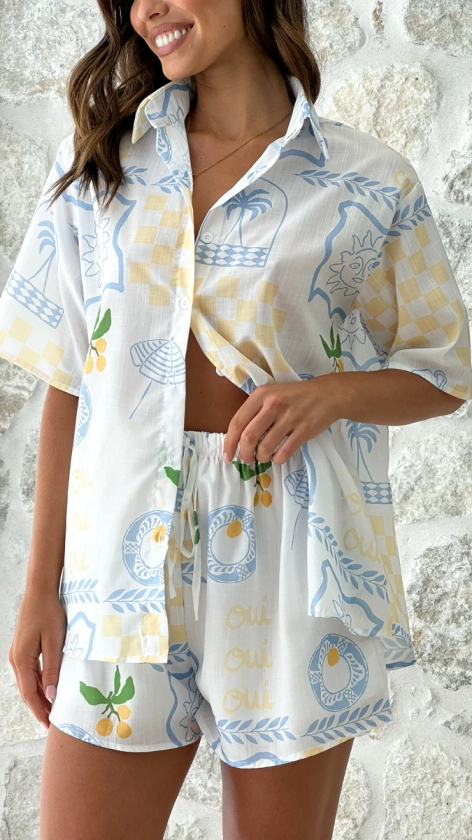 Charli Button Up Shirt and Shorts Set - Blue / Yellow Holiday Print - Buy Women's Sets - Billy J