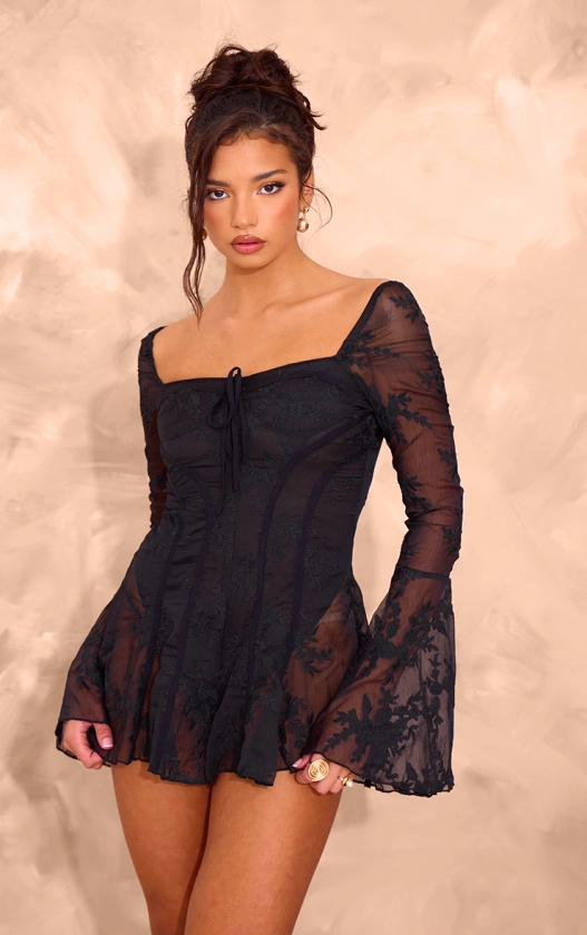 Black Lace Binding Detail Flare Sleeve Playsuit