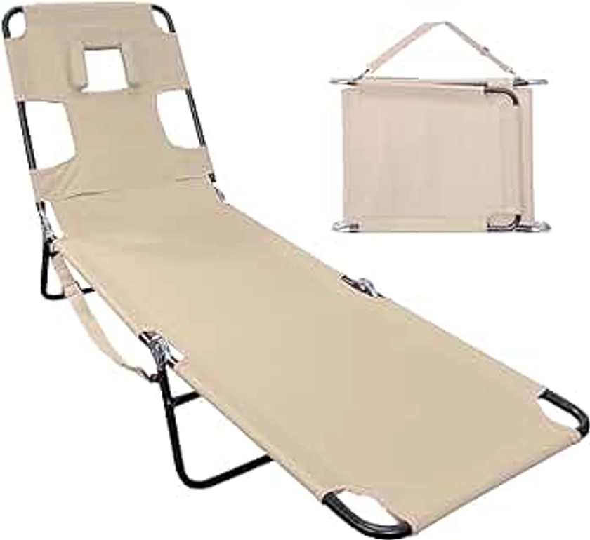 Face Down Tanning Chaise Lounge Chair - Face & Arm Holes - 2 Legs Support - Polyester Material – Backrest Positions - Head Rest Pillow - Beach or Home Use - Read and Tan - Tan Stripes Pattern