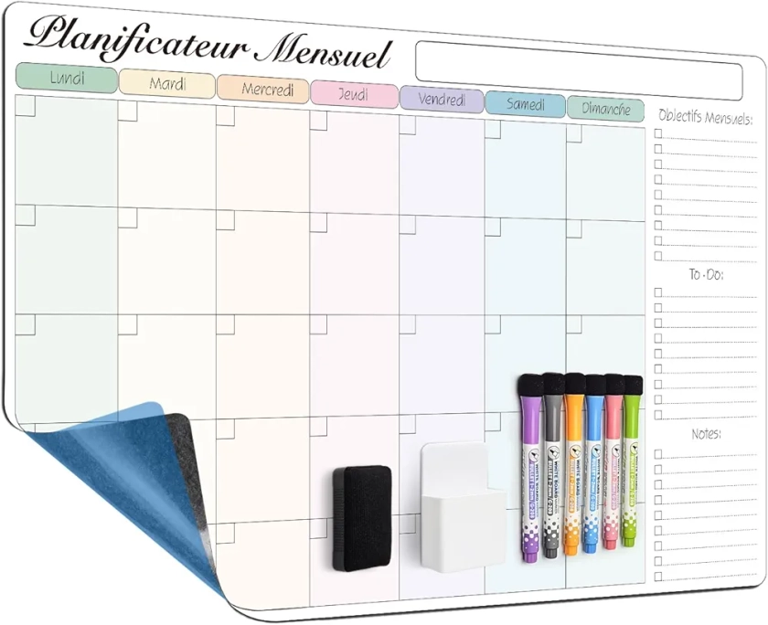 MCCORL 60x40 cm Calendrier Adhesif Tableau blanc Planning Mural, Planificateur Mensuel/Semainer effaçable parfait pour Planification des Tâches, Organiseur Hebdomadaire Repas familial - en Français