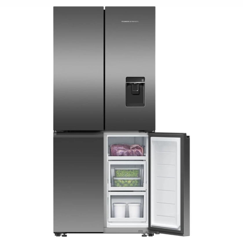 Fisher & Paykel Freestanding Quad Door Refrigerator Freezer, 79cm, 498L, Ice & Water Black Stainless Steel RF500QNUB1. - Buy Online with Afterpay & ZipPay. - Bing Lee