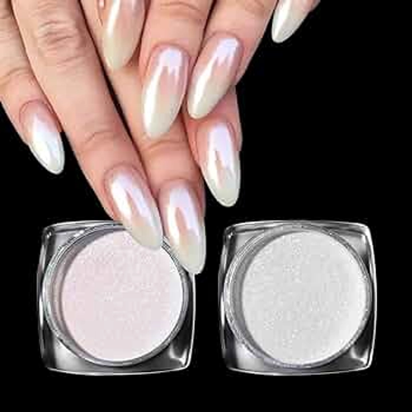 PrettyDiva Pearl Nail Powder - 2 Colors Chrome Nail Powder Ice Transparent Aurora Chrome Nail Powder, High Gloss Pearlescent Iridescent Glitters Powder Metallic Pigment for Nails