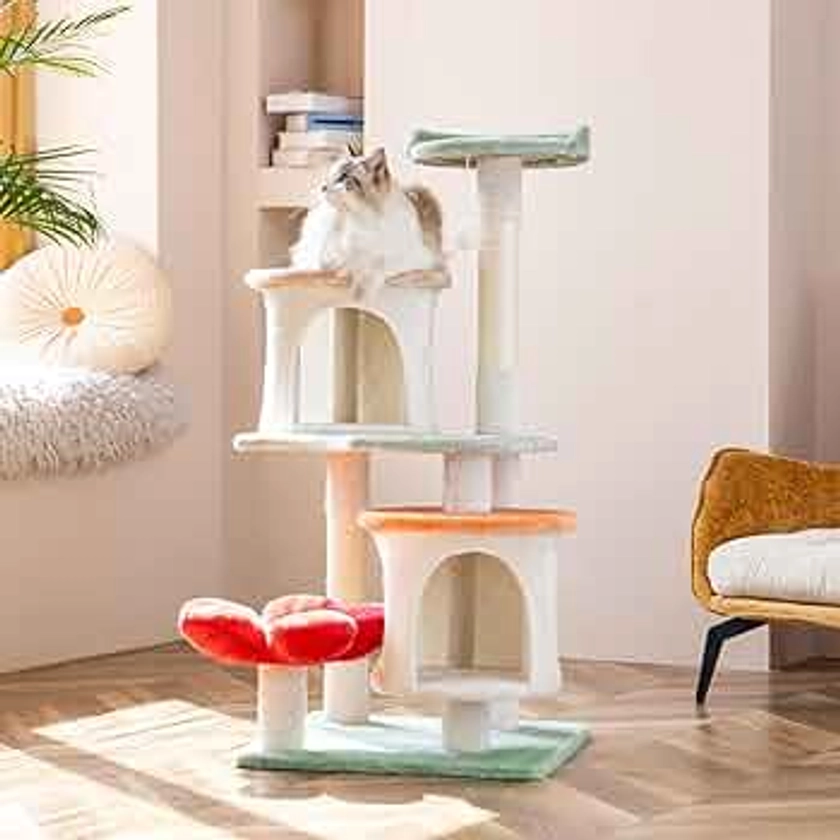 HYABi 42.7in Flower Cat Tree Tower Condo Furniture Apartment Plush Habitat Kitten Amusement Platform with Scratch Posts Toy Ball Pet House Play (Medium 42.7" H)