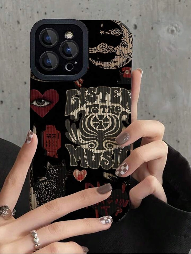 1pc Aesthetic Cool Dark-Style Heart & Eye Pattern Vertical Stripe Faux Leather Pattern Anti-Shock & Anti-Fingerprint & Anti-Drop Phone Case, Compatible With IPhone And Samsung Models