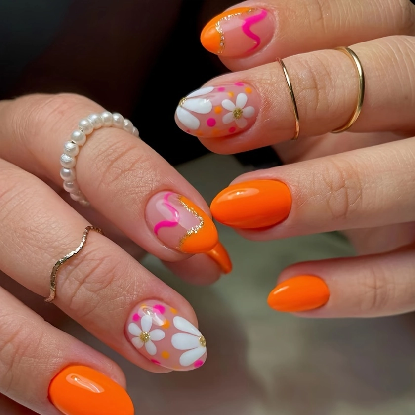 Chic Orange Floral Press-On Nails - Short Oval, Glossy Finish With Five Petal Flower Design For Women And Girls