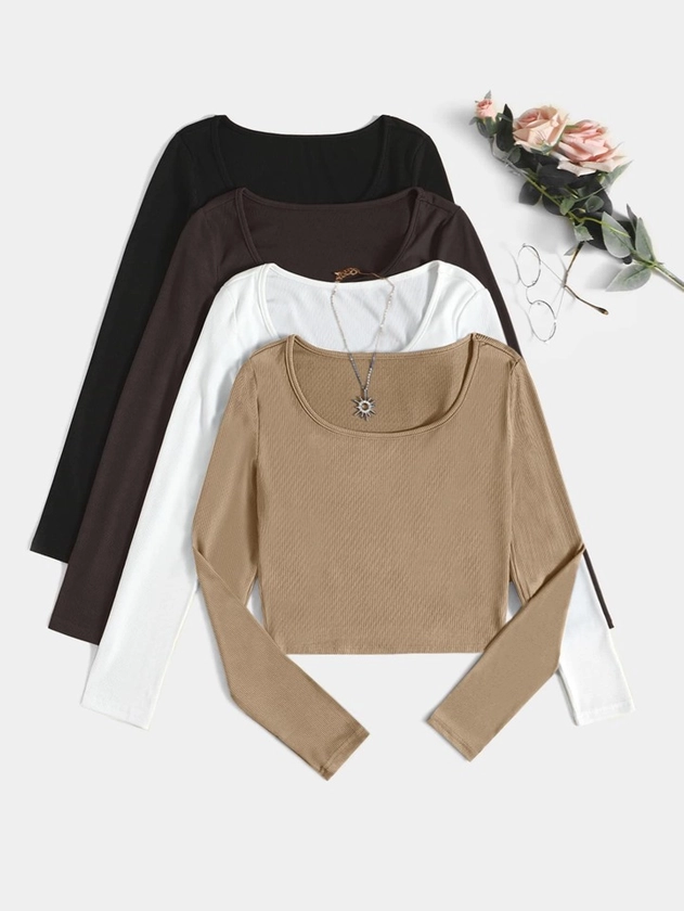 4pcs Scoop Neck Ribbed Knit Tee