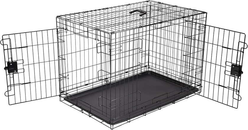 Amazon Basics Cage pour chien Durable,Pliable en fil métallique avec plateau, Double porte, L 91 x l 58 x H 64 cm, Noir