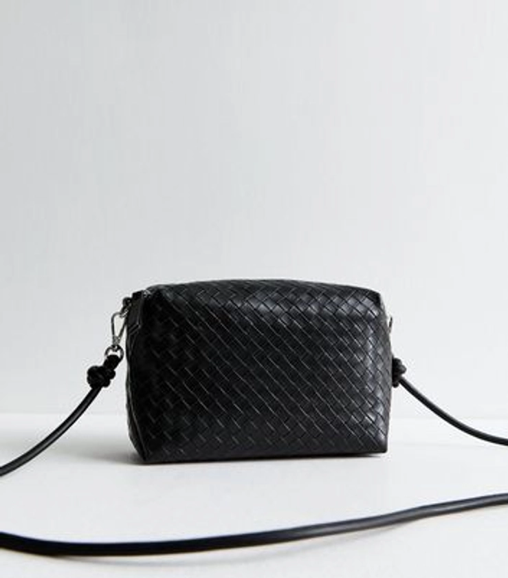 Black Woven Leather Look Crossbody Bag