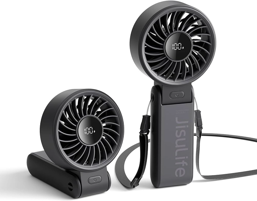 JISULIFE Ventilateur portable Life7, ventilateur portable avec écran LED [refroidissement maximum 19,5 heures] 5000 mAh, plié à 150 °, 5 vitesses, lanière ; Éventail 3-EN-1 Main/Bureau/Cou - Noir