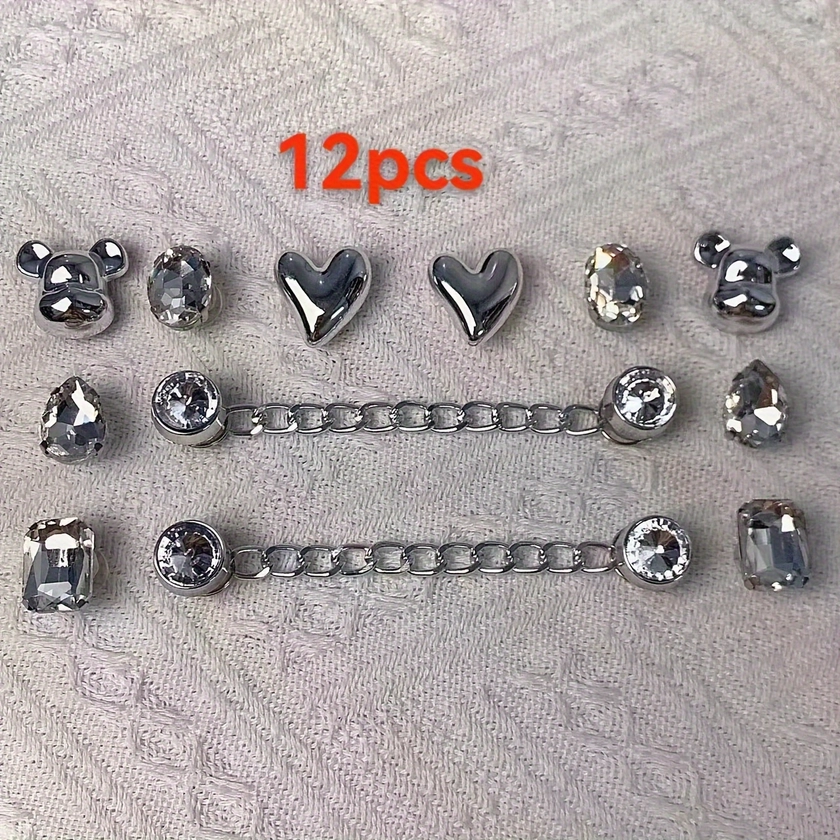 12/14pcs Silvery Bear Head Series Shoes Charms For Clogs Sandals Decoration, Shoes DIY Accessories
