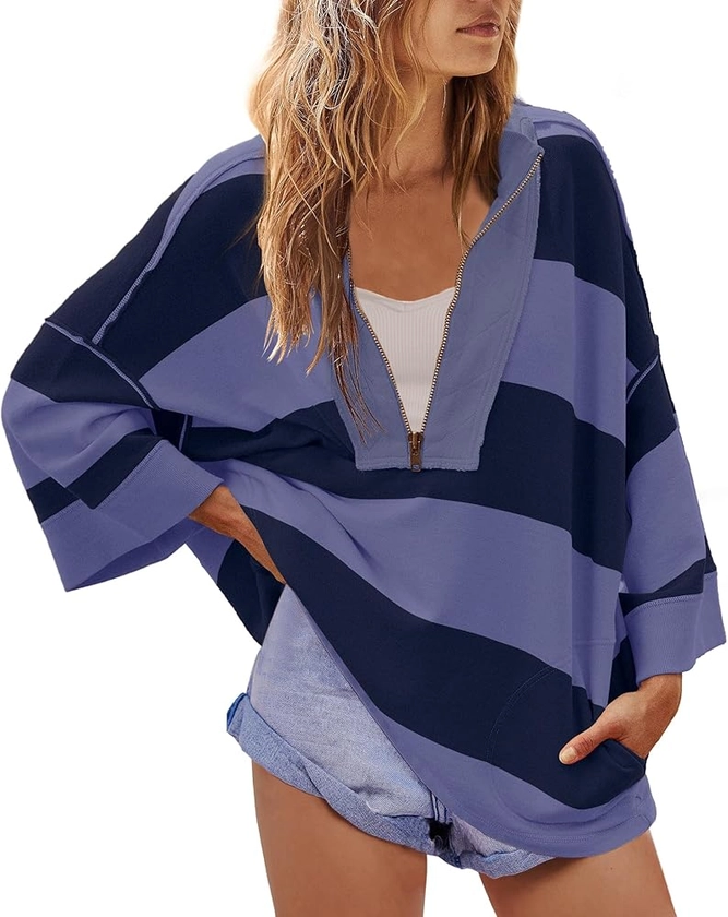 Yanekop Womens Oversized Striped Shirt Half Zip Sweatshirt Color Block V Neck Top Casual Loose Pullover Y2k