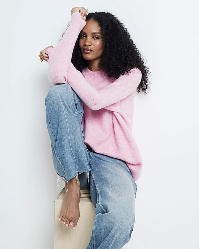 Pink knit oversized jumper | River Island