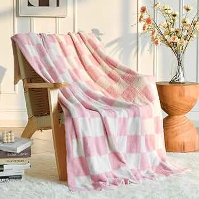 Checkered Throw Blanket for Couch, Pink Checkerboard Blankets with Soft Fluffy Microfiber for Bed Sofa, Cozy Knit Lightweight Decorative Travel Bed Blanket for Camping Picnic, 27"x39"