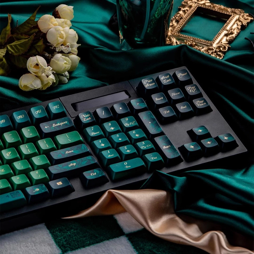 Forest Natural Wind Gold Plated PBT Heat Sublimated,Retro Green Keycaps,Cherry Keycap, Mechanical Keyboard Keycap,Keyboard Accessories