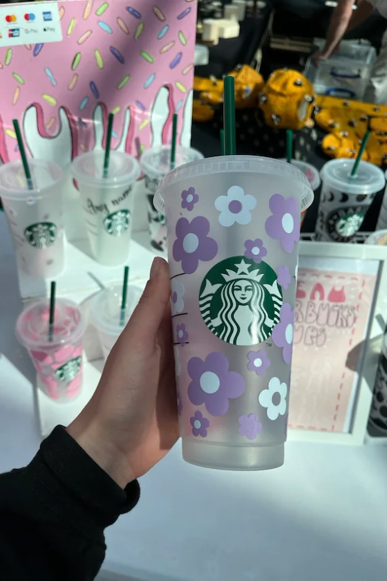 Starbucks cup- purple flower daisy y2k trendy purple and white dainty trendy cold cup tumbler-UK-Official Starbucks cup ADD A NAME