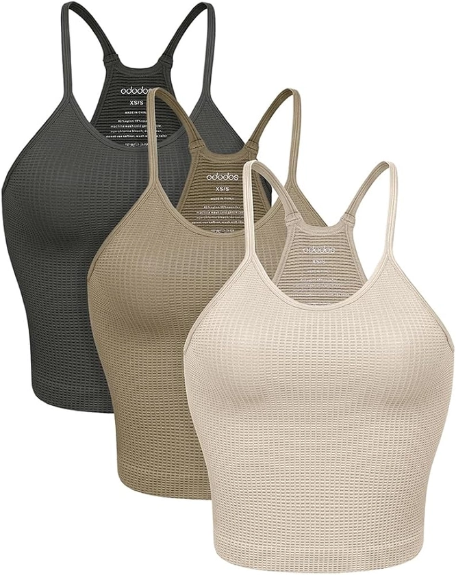 ODODOS Women's Crop 3-Pack Waffle Knit Seamless Camisole Crop Tank Tops, Waist Length, Mushroom+Taupe+Charcoal, Medium/Large at Amazon Women’s Clothing store