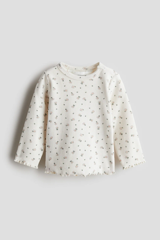 Top côtelé à manches longues - Encolure ronde - Manches longues - Blanc/fleurs - ENFANT | H&M FR