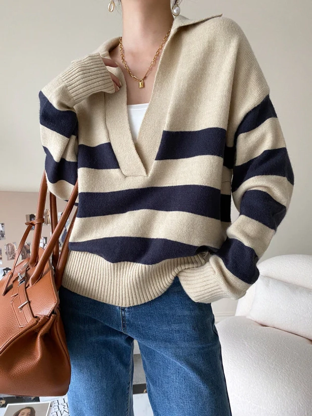 Casual Polo V-Neck Striped Pullover Sweater - Stay Cozy in Style