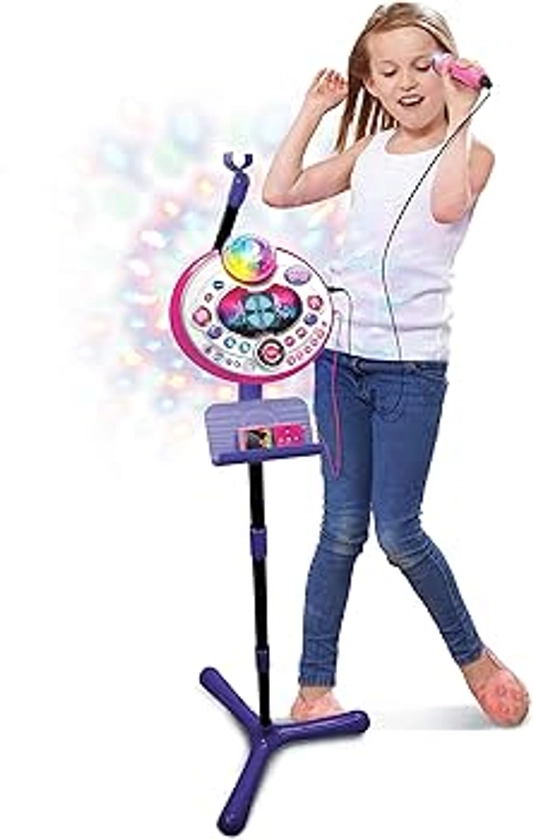 VTech - Kidi SuperStar LightShow Rose, Micro sur Pied 8 en 1, Microphone Karaoké Enfant avec Boule Disco, Apprentissage du Chant et Jeux, Cadeau Enfant Dès 5 Ans - Contenu en Français