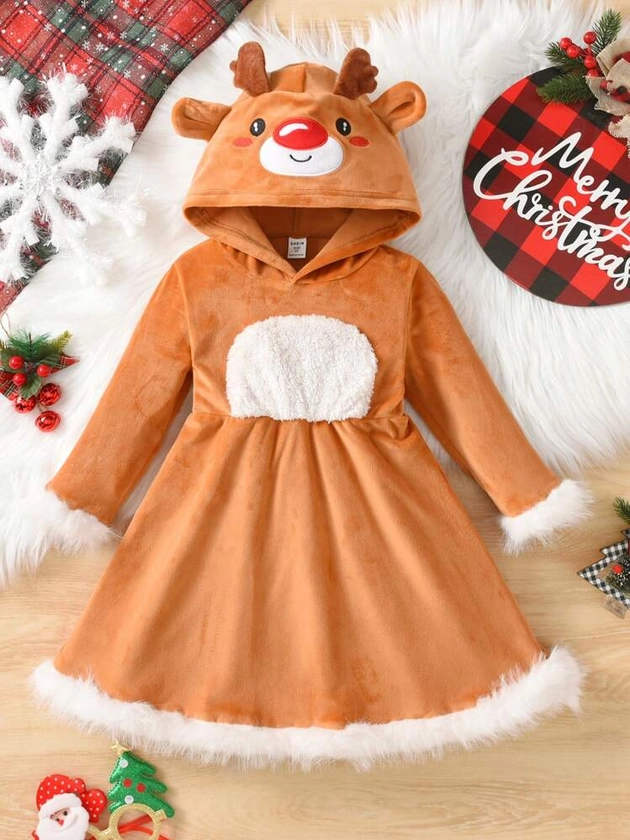 SHEIN Toddler Girls' Cute Deer Embroidery Contrast Color Fleece Hooded Long Sleeve Dress, Autumn Winter New Arrival