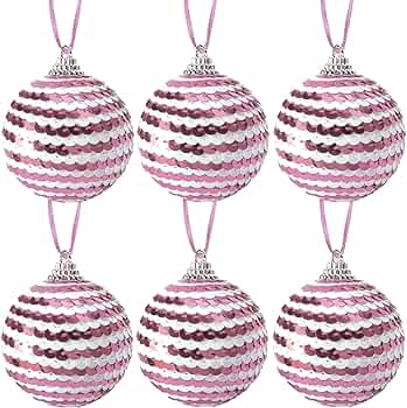 Pack of 6 Sequins Christmas Ball Ornaments, 6cm Shatterproof Christmas Tree Decorations Hanging Baubles for Xmas Tree Wedding Party Holiday Decorations (Pink and White)