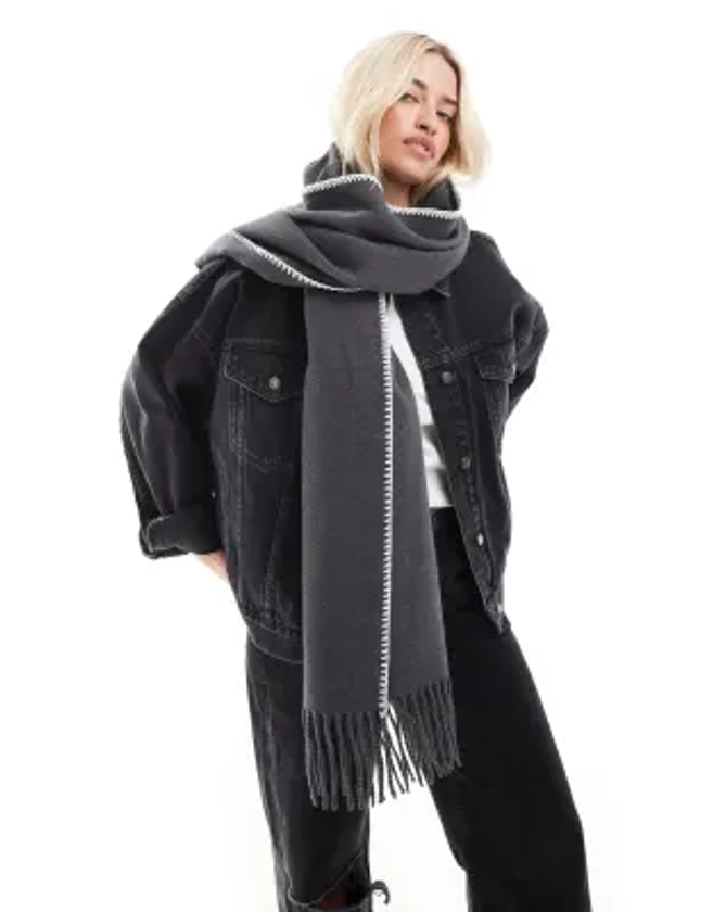 ASOS DESIGN scarf in charcoal and white stab stitch tipping