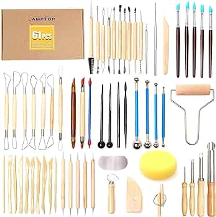 61 Piece Ceramic Clay Tools Set,LAMPTOP Polymer Clay Tools Pottery Tools Set, Wooden Pottery Sculpting Clay Cleaning Tool Set for Potters Beginners Professionals Arts Crafts