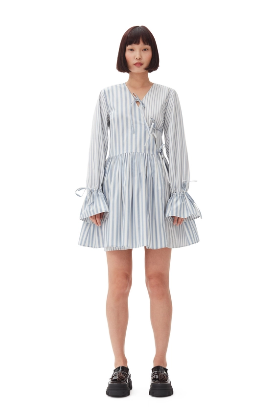 Egret Blue Stripe Cotton Mini Wrap Dress | GANNI US