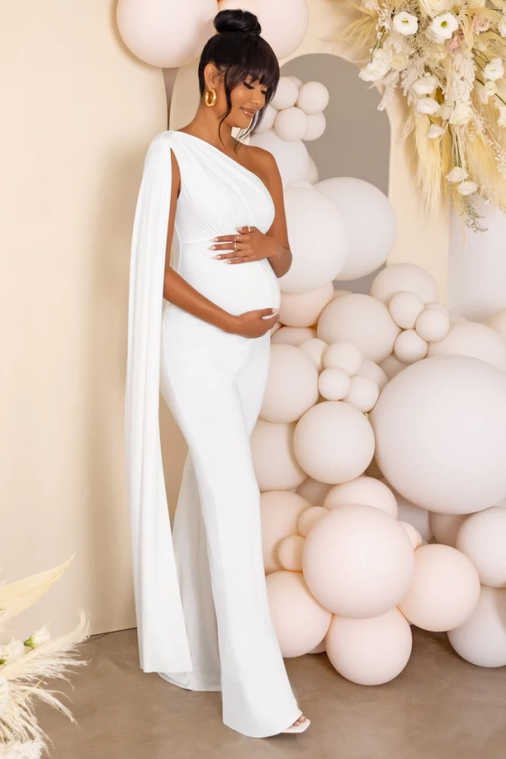 Sing To Sleep | White Maternity One Shoulder Cape Jumpsuit