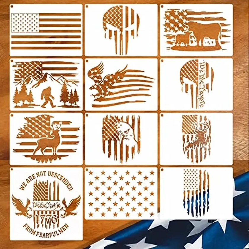 12pcs American Flag Stencil Star Stencils For Painting Union * 1776 Military We The People Template For Flag Patriotic Wood Burning Stencils Fo
