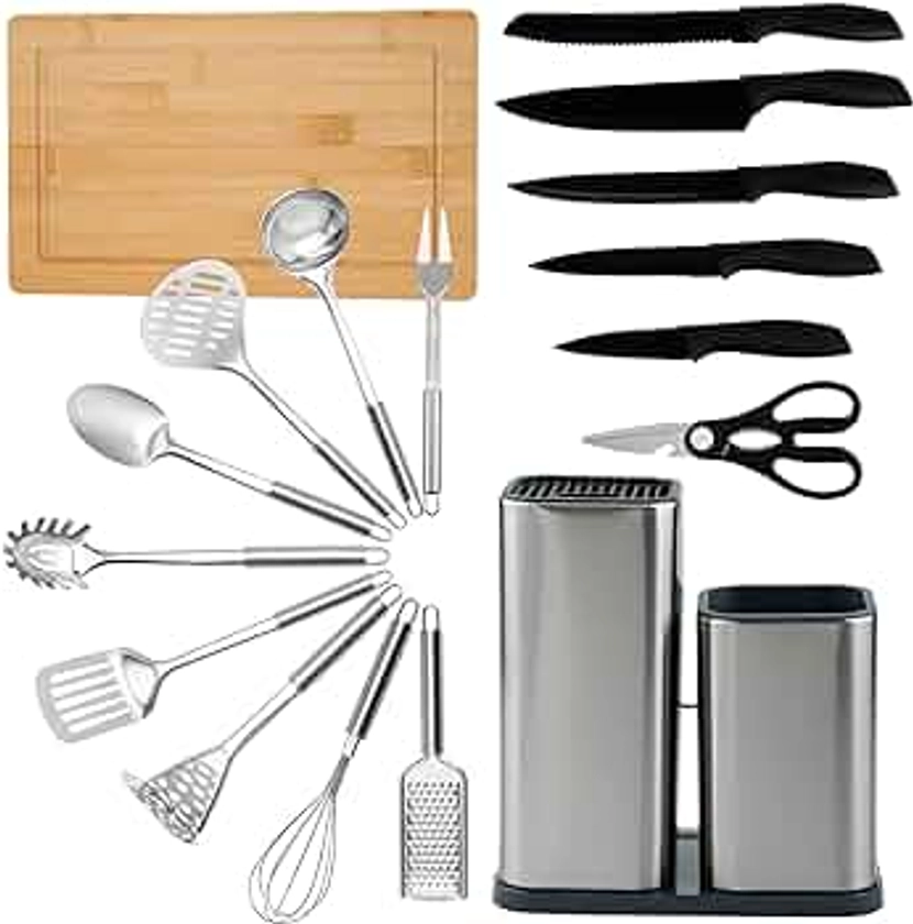 Kit complet de couteaux et ustensiles de cuisine de 17 pièces en acier inoxydable (couteaux de cuisine, set ustensile cuisine, bloc à Couteaux et planche à découper inclus). Accessoires de Cuisine