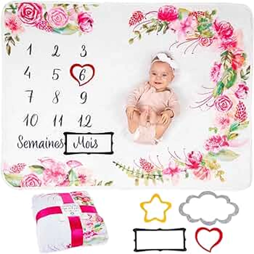 ODOXIA Couverture Etape Bébé en Français | Tapis Mois Bebe Garçon Ou Fille, Unisexe | Thème Fleurs, Feuilles | Cadeau Baby-Shower Personnalisé Jeunes Mamans | Tapis Photo Bebe | Doux, Confortable