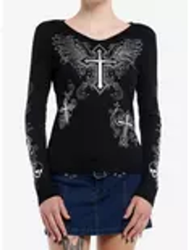 Social Collision Winged Cross Silver Foil Girls Long-Sleeve Top | Hot Topic