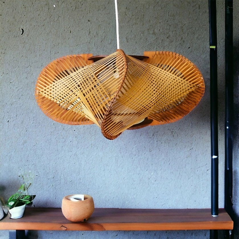 Portuguese Mid Century Wooden Wood Straw Hanging Lamp With Imperfection 1960s | Vinterior