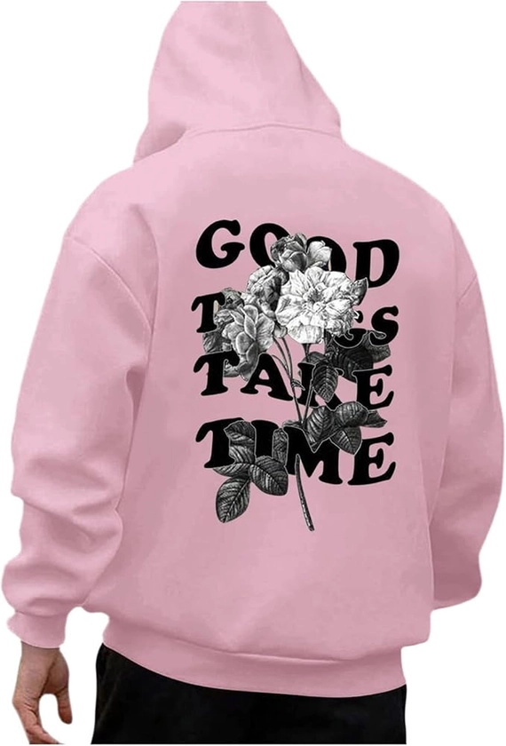 Oversized Hoodie for Men Good Things Take Time & Rose Shape Print Pullover Tops Drop Shoulder Comfy Oversize Fashion Graphic