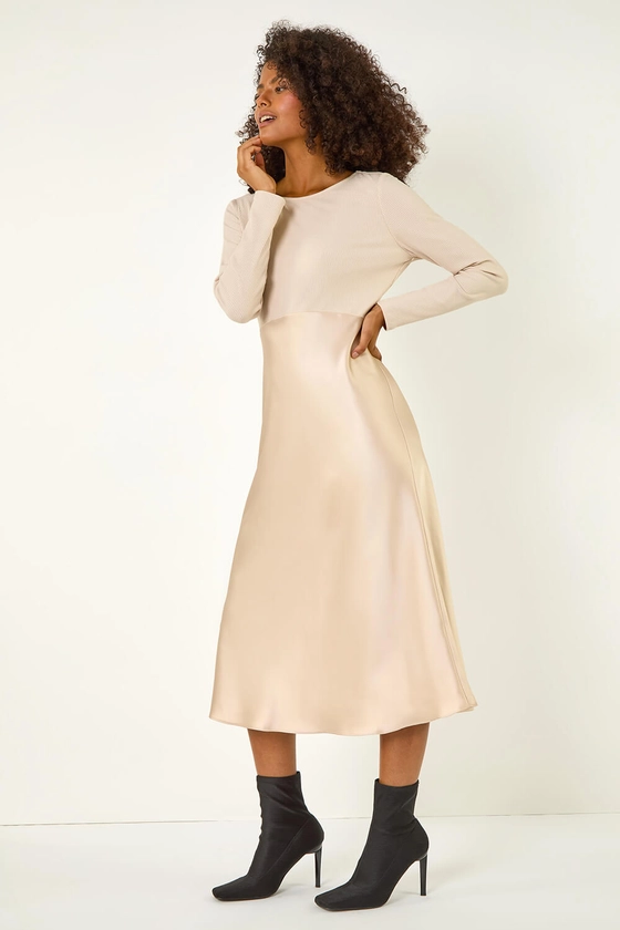 ROMAN DUSK Biscuit Satin Bodycon Stretch Midi Dress