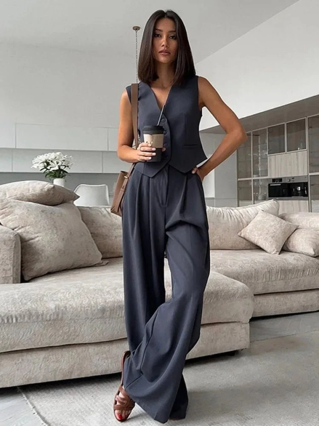 AUDRA Solid V-Neck Waistcoat With Wide Leg Pants Set