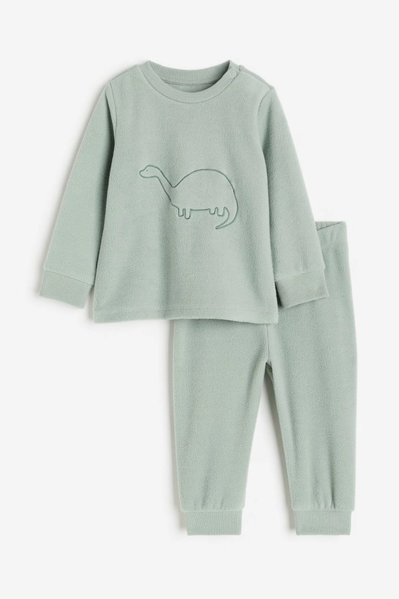 Fleece pyjamas - Round neck - Long sleeve - Light green/Dinosaur - Kids | H&M GB