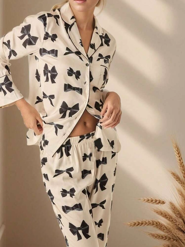 Women's Long Sleeve Long Pants Pajama Set, Turndown Collar With Butterfly Print, For Fall/Winter