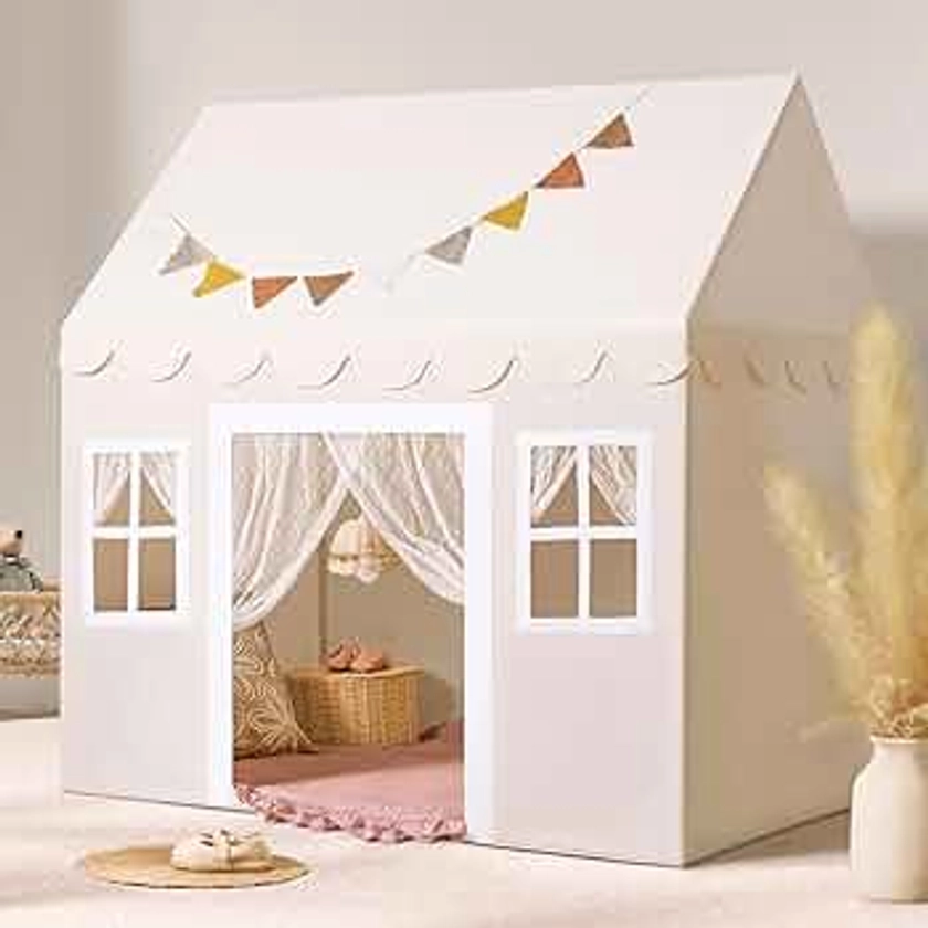 Tiny Land Tente de Jeu pour Enfants avec Tapis et 4m Lumières de Chaîne, Cabane | Interieur | Maison Exterieur, Château de Princesse Tente pour 3 à 13 Ans,133 x90 x136 CM