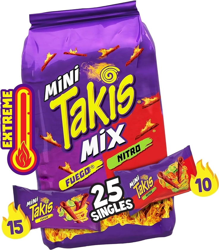 Takis Mini 25 pc / 1.23 oz Bite Size Variety Pack, Assorted Flavored Mixed Rolled Tortilla Chips – (15) Fuego Mini 1.23 oz, (10) Nitro Mini 1.23 oz