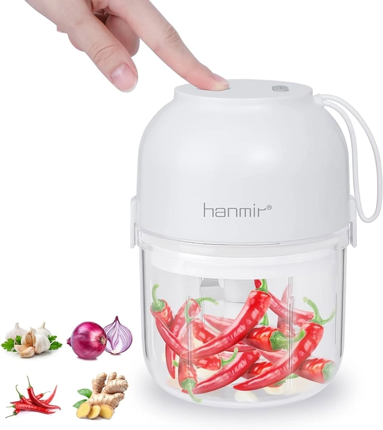 Hanmir Mini Hachoir à Ail électrique Hachoir à Aliments Sans Fil avec Chargement USB Hachoir de Robot Culinaire Portable pour Viande d'Oignon au Gingembre et au Chili (300 ml) hanmir-01
