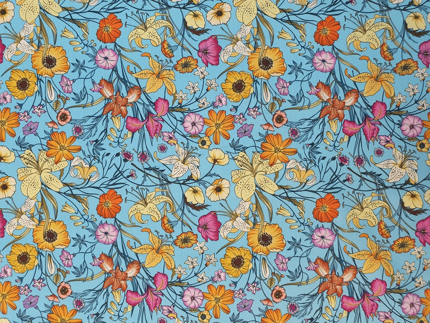 Italian Cotton Cambric - Blue with Yellow, Orange, Pink Flowers